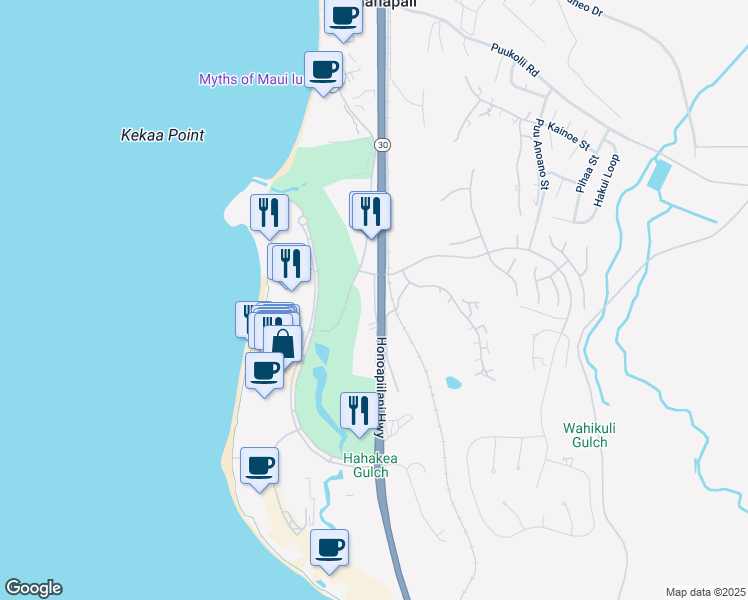 map of restaurants, bars, coffee shops, grocery stores, and more near 2560 Kekaa Drive in Lahaina