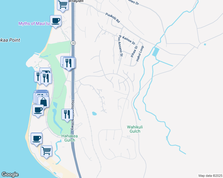 map of restaurants, bars, coffee shops, grocery stores, and more near 320 South Ulukoa Place in Lahaina