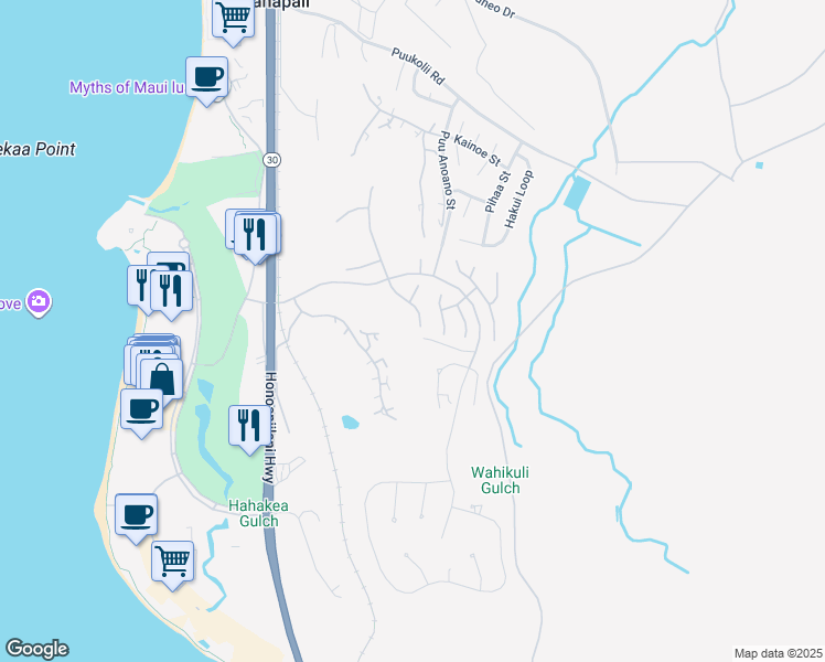 map of restaurants, bars, coffee shops, grocery stores, and more near 322 South Ulukoa Place in Lahaina