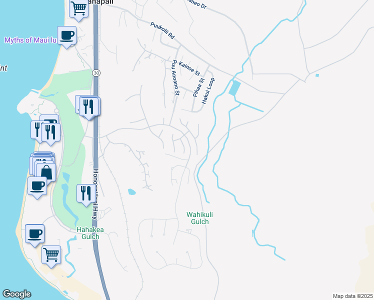 map of restaurants, bars, coffee shops, grocery stores, and more near 365 Kului Way in Lahaina