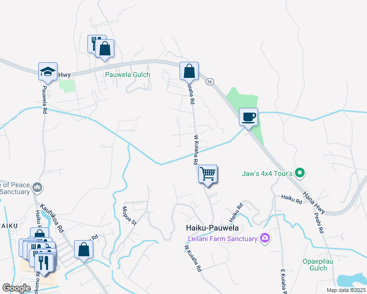map of restaurants, bars, coffee shops, grocery stores, and more near 210 West Kuiaha Road in Haiku-Pauwela