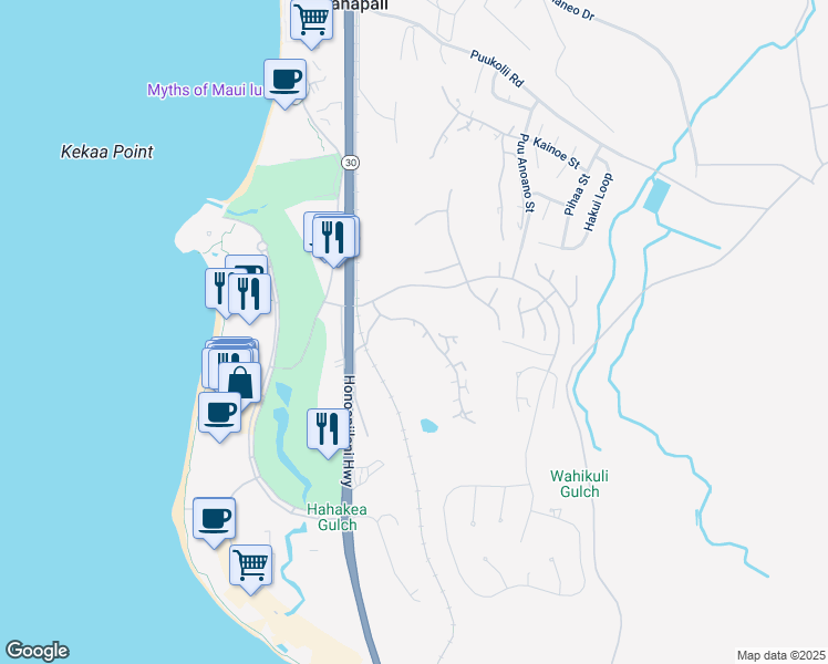 map of restaurants, bars, coffee shops, grocery stores, and more near 104 Kualapa Place in Lahaina
