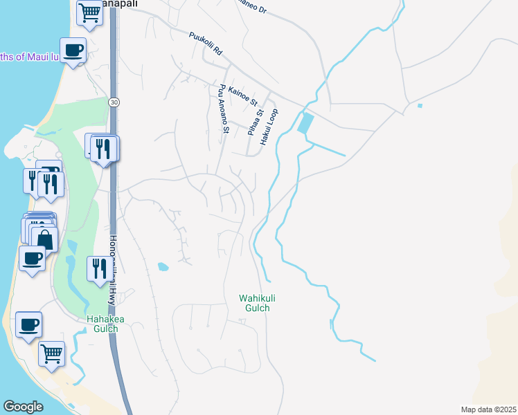 map of restaurants, bars, coffee shops, grocery stores, and more near 389 Wekiu Place in Lahaina