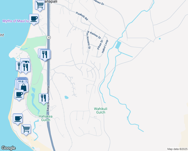 map of restaurants, bars, coffee shops, grocery stores, and more near 365 Kului Way in Lahaina