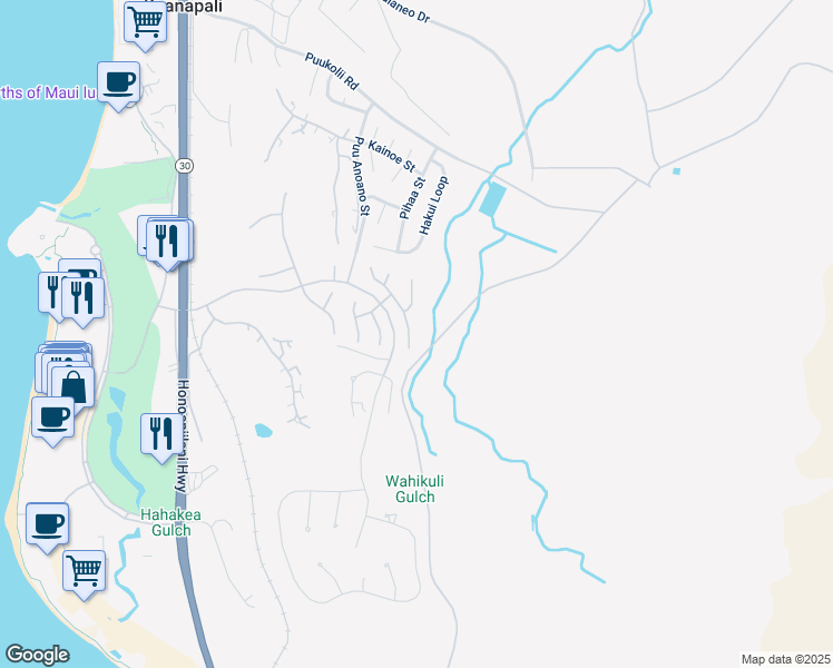 map of restaurants, bars, coffee shops, grocery stores, and more near 389 Wekiu Place in Lahaina