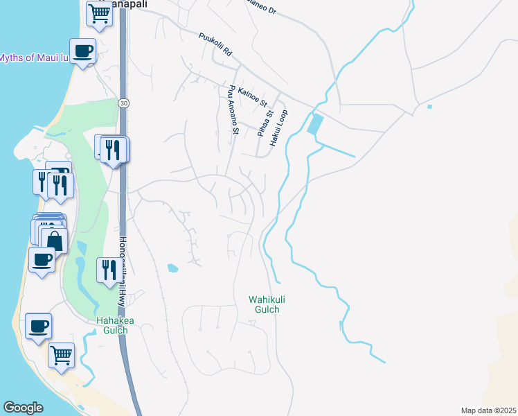 map of restaurants, bars, coffee shops, grocery stores, and more near 384 Wekiu Place in Lahaina