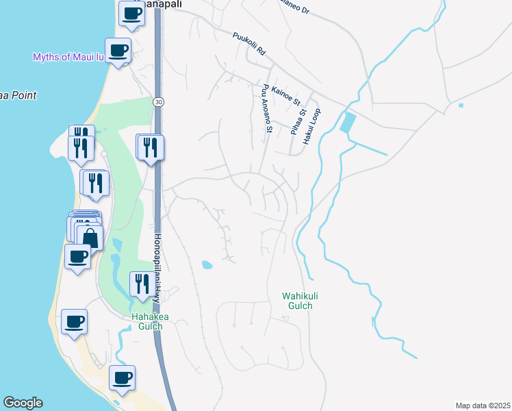 map of restaurants, bars, coffee shops, grocery stores, and more near 315 South Ulukoa Place in Lahaina