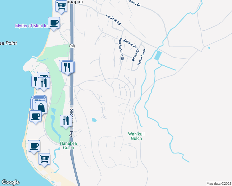 map of restaurants, bars, coffee shops, grocery stores, and more near 315 South Ulukoa Place in Lahaina