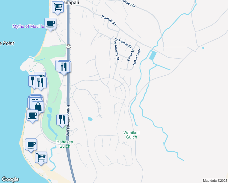 map of restaurants, bars, coffee shops, grocery stores, and more near 346 Aalii Way in Lahaina