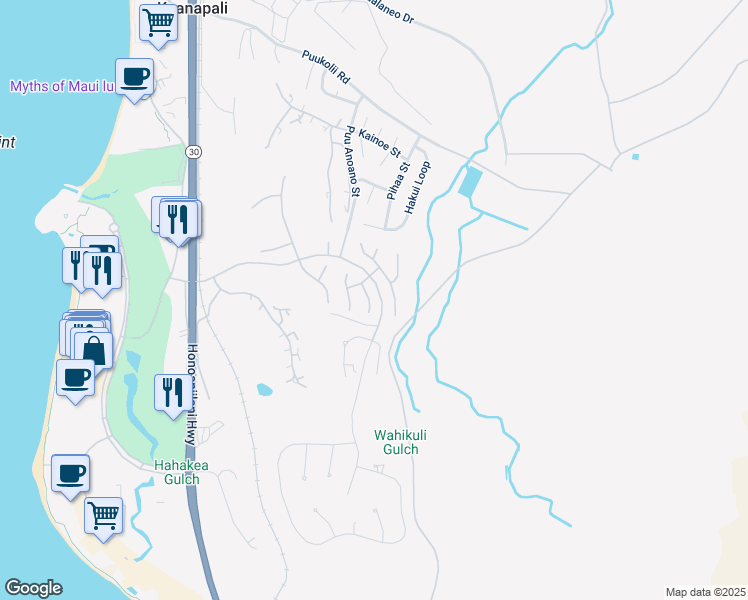 map of restaurants, bars, coffee shops, grocery stores, and more near 357 Kului Way in Lahaina