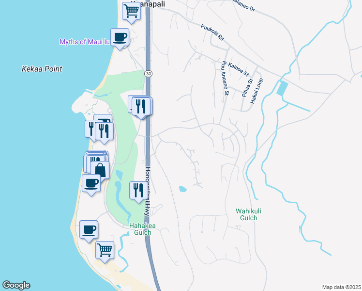 map of restaurants, bars, coffee shops, grocery stores, and more near 102 Kualapa Place in Lahaina