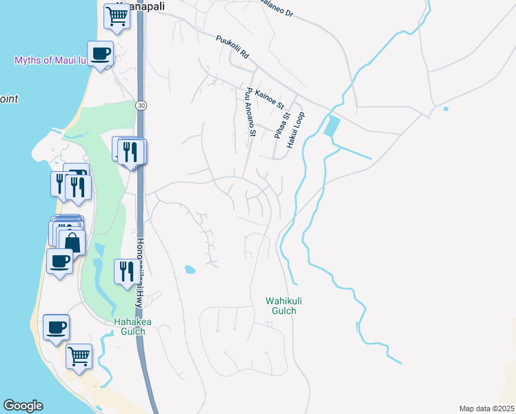 map of restaurants, bars, coffee shops, grocery stores, and more near 360 Kului Way in Lahaina