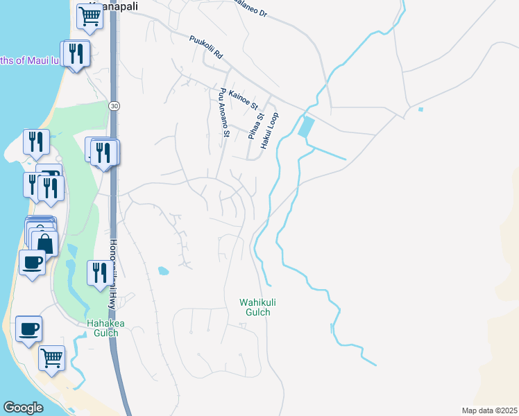 map of restaurants, bars, coffee shops, grocery stores, and more near 381 Wekiu Place in Lahaina