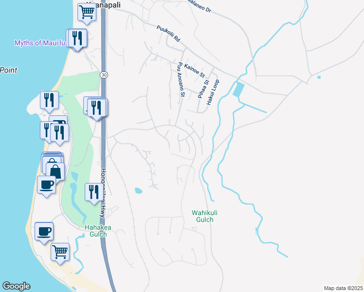 map of restaurants, bars, coffee shops, grocery stores, and more near 347 Aalii Way in Lahaina