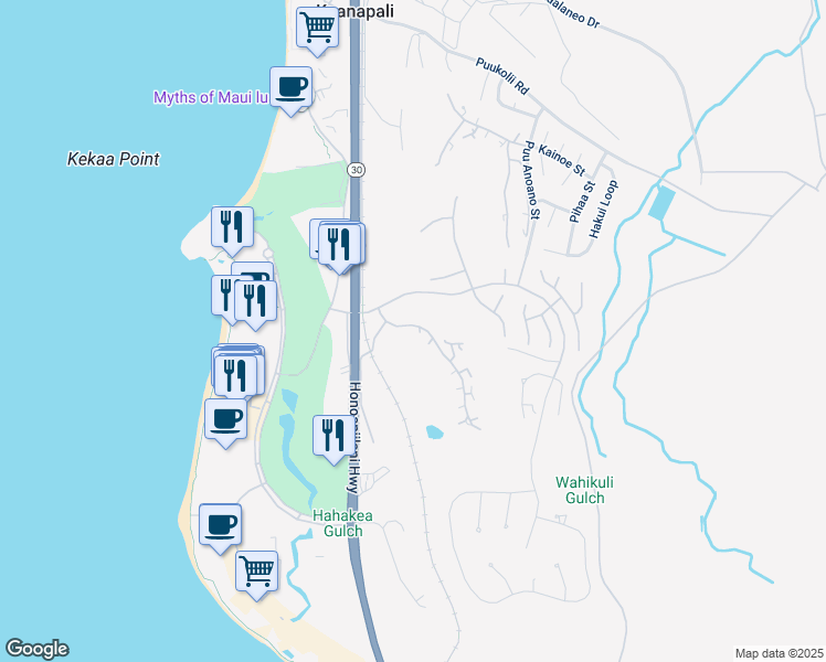 map of restaurants, bars, coffee shops, grocery stores, and more near 101 Kualapa Place in Lahaina