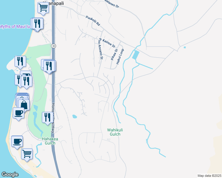 map of restaurants, bars, coffee shops, grocery stores, and more near 376 Wekiu Place in Lahaina