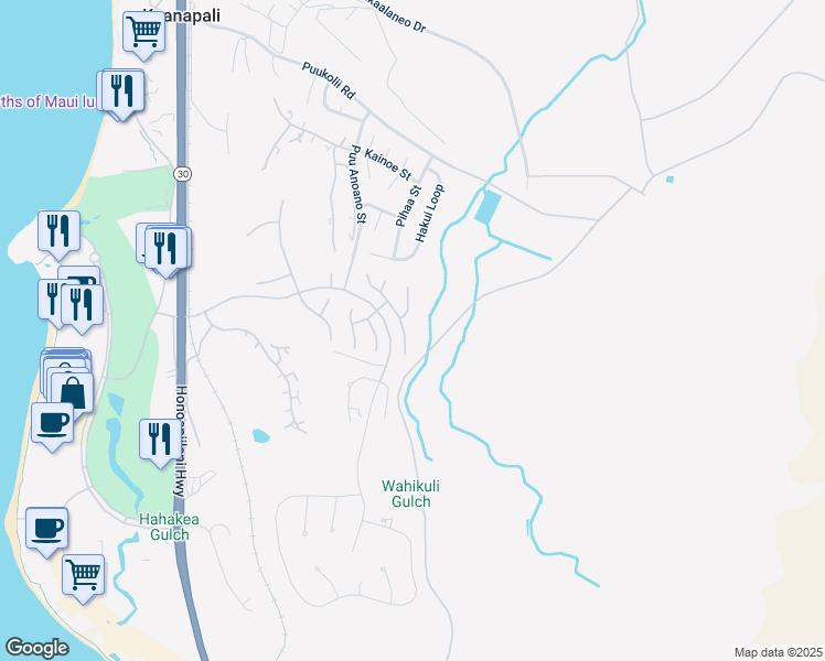 map of restaurants, bars, coffee shops, grocery stores, and more near 377 Wekiu Place in Lahaina