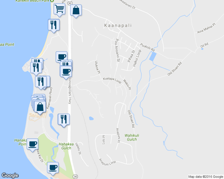 map of restaurants, bars, coffee shops, grocery stores, and more near 303 South Ulukoa Place in Lahaina