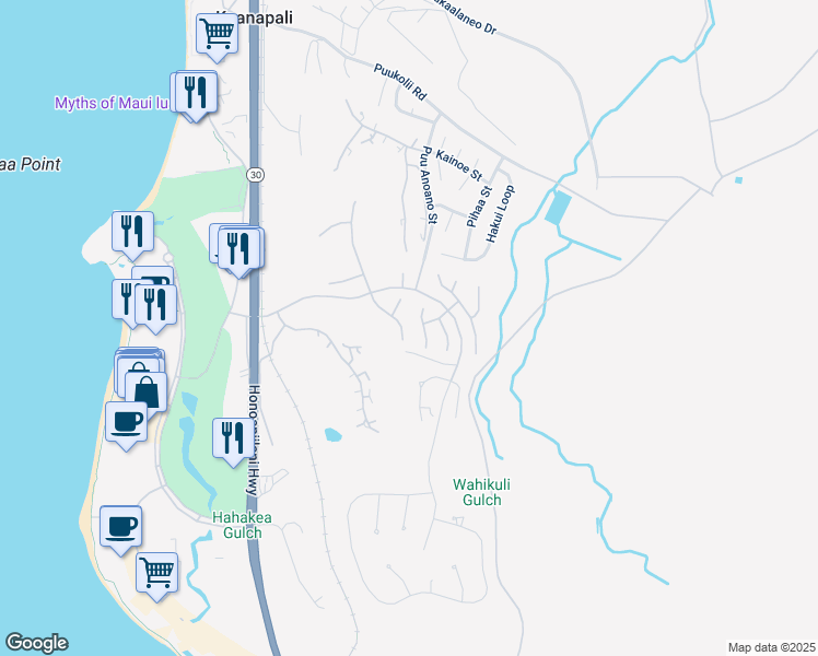 map of restaurants, bars, coffee shops, grocery stores, and more near 303 South Ulukoa Place in Lahaina