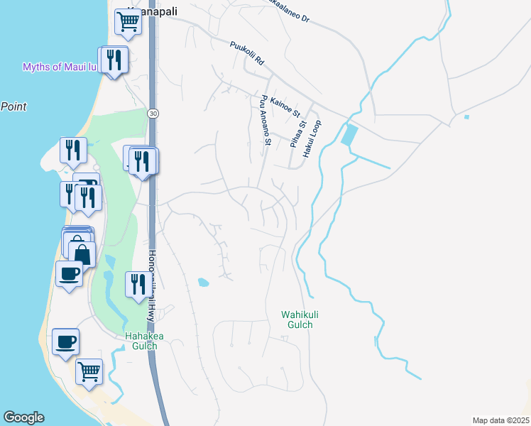 map of restaurants, bars, coffee shops, grocery stores, and more near 337 Aalii Way in Lahaina