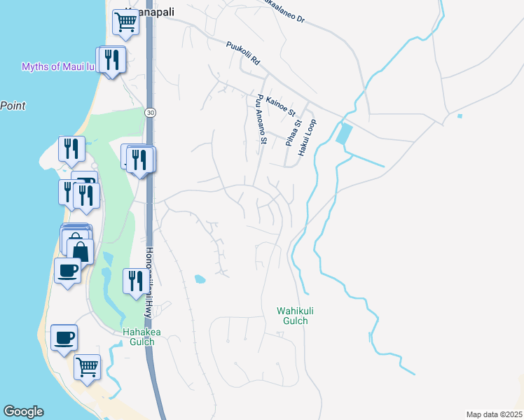 map of restaurants, bars, coffee shops, grocery stores, and more near 337 Aalii Way in Lahaina