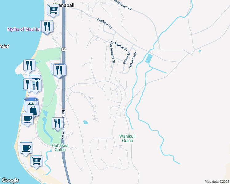 map of restaurants, bars, coffee shops, grocery stores, and more near 261 Akia Place in Lahaina