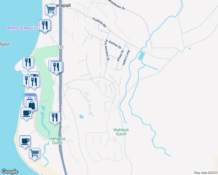 map of restaurants, bars, coffee shops, grocery stores, and more near 261 Akia Place in Lahaina
