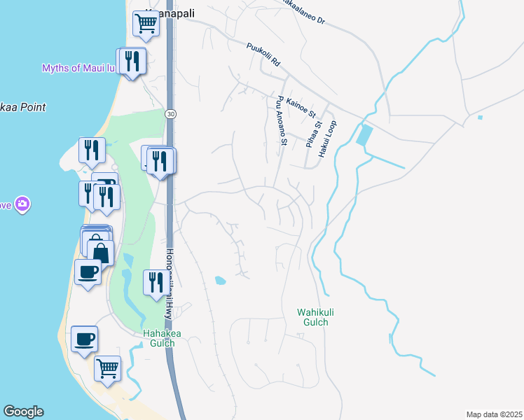 map of restaurants, bars, coffee shops, grocery stores, and more near 322 South Ulukoa Place in Lahaina