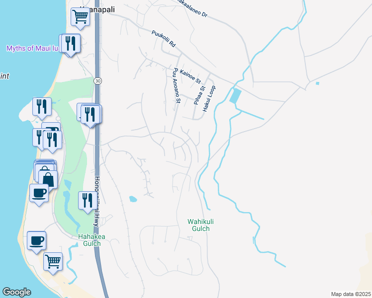 map of restaurants, bars, coffee shops, grocery stores, and more near 345 Kului Way in Lahaina