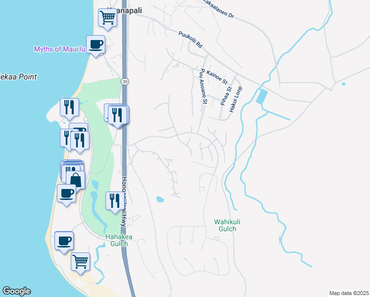 map of restaurants, bars, coffee shops, grocery stores, and more near 280 South Ulukoa Place in Lahaina