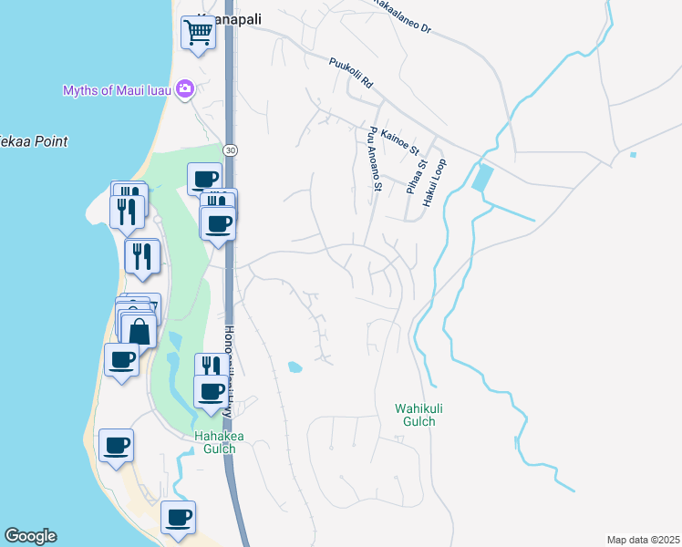 map of restaurants, bars, coffee shops, grocery stores, and more near 280 South Ulukoa Place in Lahaina