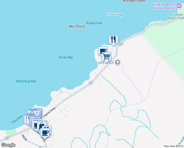 map of restaurants, bars, coffee shops, grocery stores, and more near 21 Kaulua Place in Paia