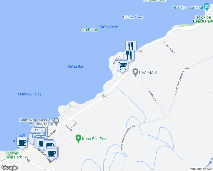 map of restaurants, bars, coffee shops, grocery stores, and more near 21 Kaulua Place in Paia