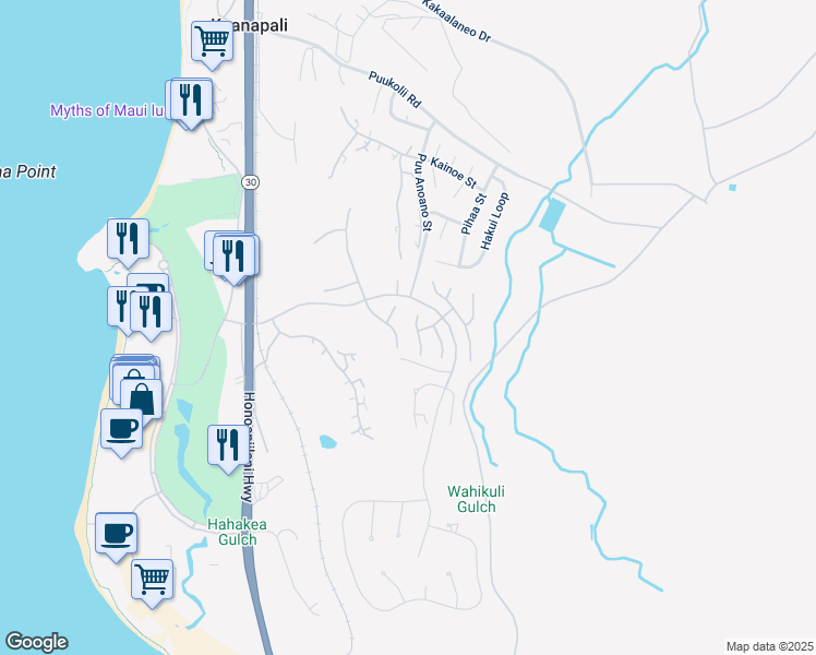 map of restaurants, bars, coffee shops, grocery stores, and more near 324 Aalii Way in Lahaina