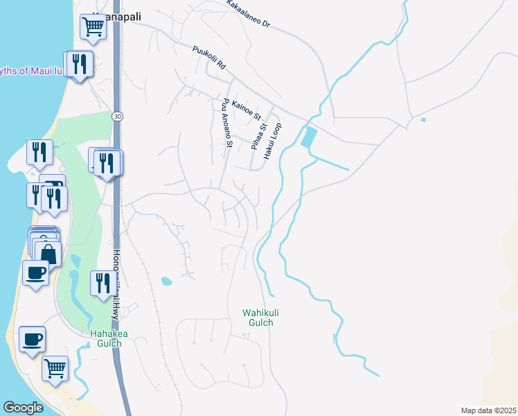 map of restaurants, bars, coffee shops, grocery stores, and more near 211 Welau Way in Lahaina