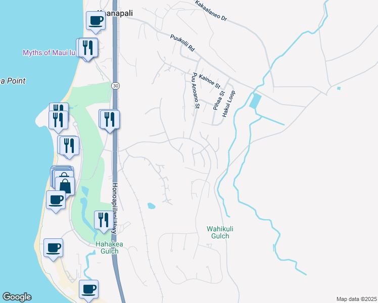 map of restaurants, bars, coffee shops, grocery stores, and more near 318 Aalii Way in Lahaina