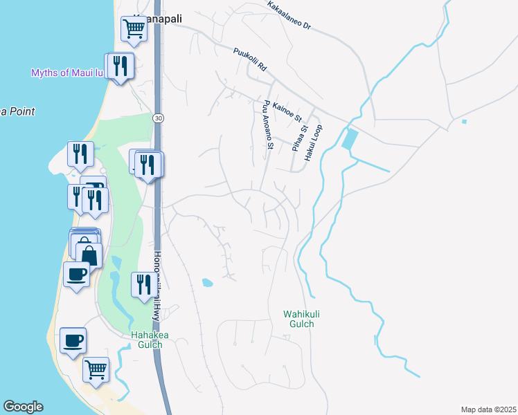 map of restaurants, bars, coffee shops, grocery stores, and more near 318 Aalii Way in Lahaina