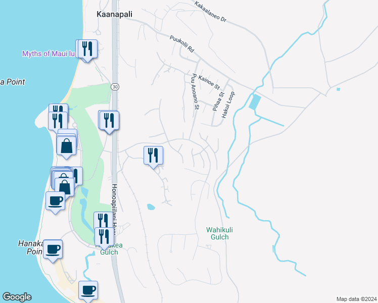 map of restaurants, bars, coffee shops, grocery stores, and more near 318 Aalii Way in Lahaina