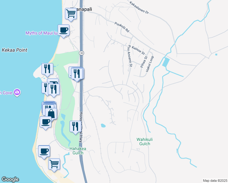 map of restaurants, bars, coffee shops, grocery stores, and more near 258 South Ulukoa Place in Lahaina