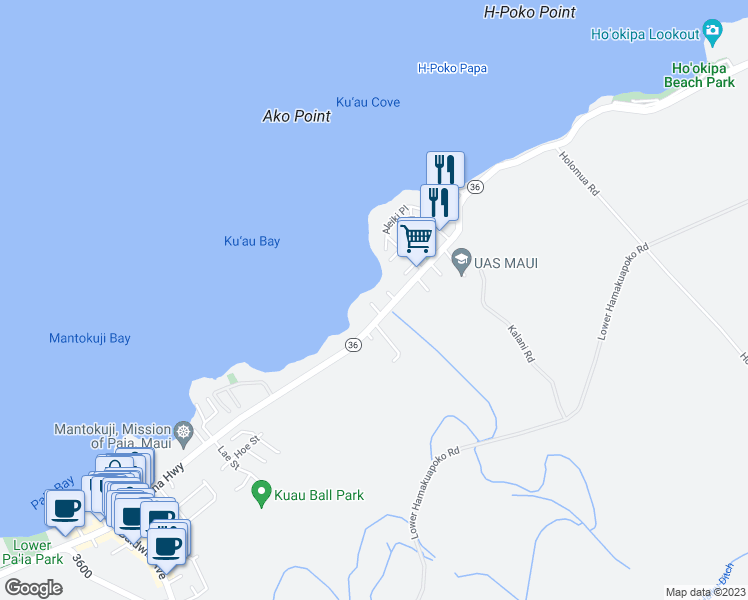 map of restaurants, bars, coffee shops, grocery stores, and more near 637 Hana Highway in Paia