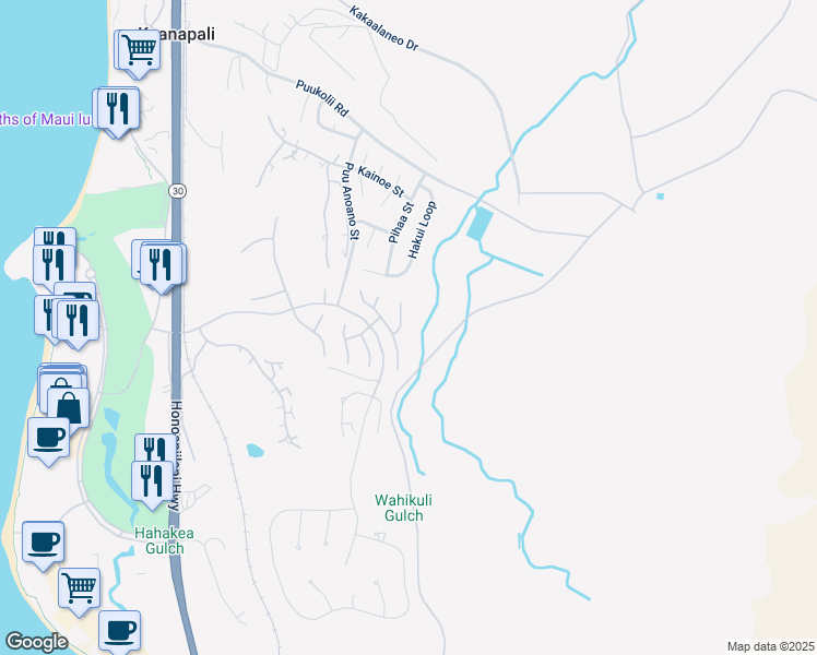 map of restaurants, bars, coffee shops, grocery stores, and more near 203 Welau Way in Lahaina