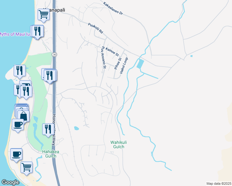 map of restaurants, bars, coffee shops, grocery stores, and more near 202 Welau Way in Lahaina