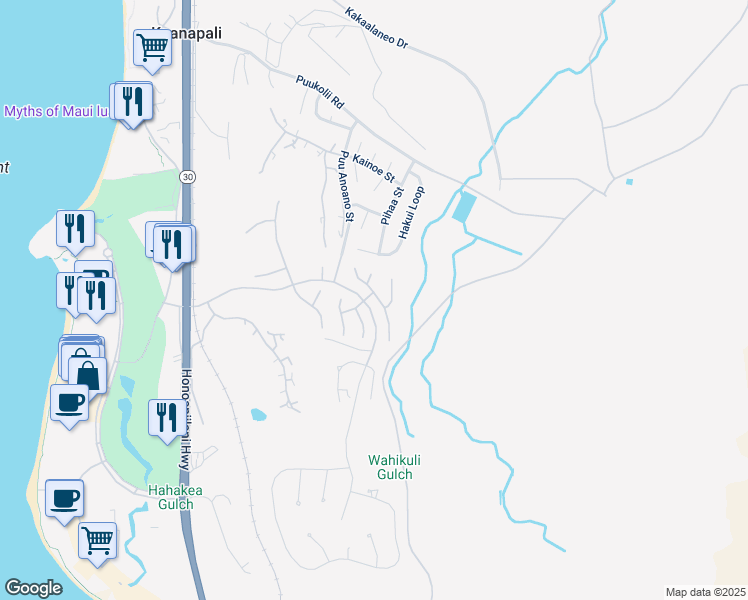 map of restaurants, bars, coffee shops, grocery stores, and more near 334 Wekiu Place in Lahaina