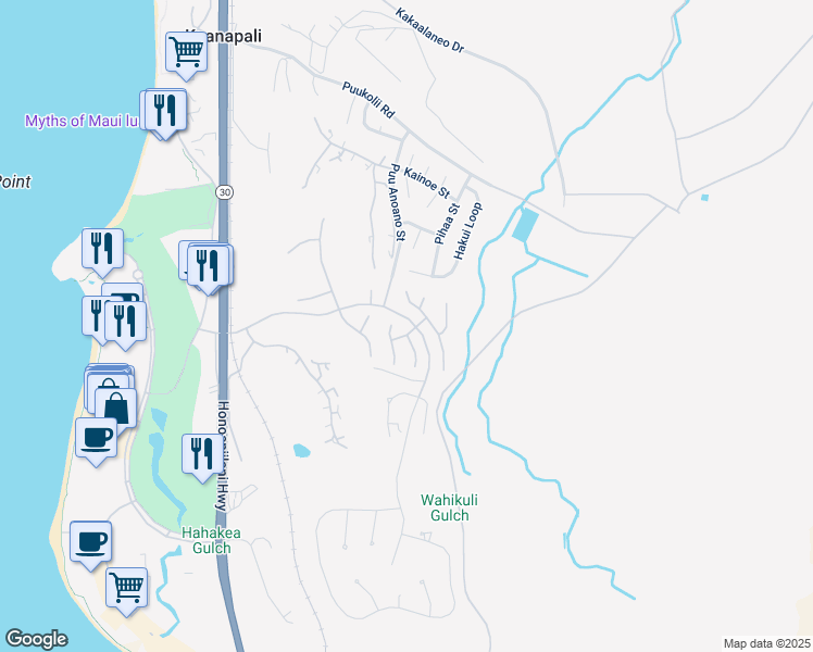 map of restaurants, bars, coffee shops, grocery stores, and more near 250 Akia Place in Lahaina