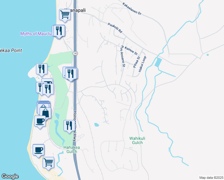 map of restaurants, bars, coffee shops, grocery stores, and more near 229 Amakihi Way in Lahaina