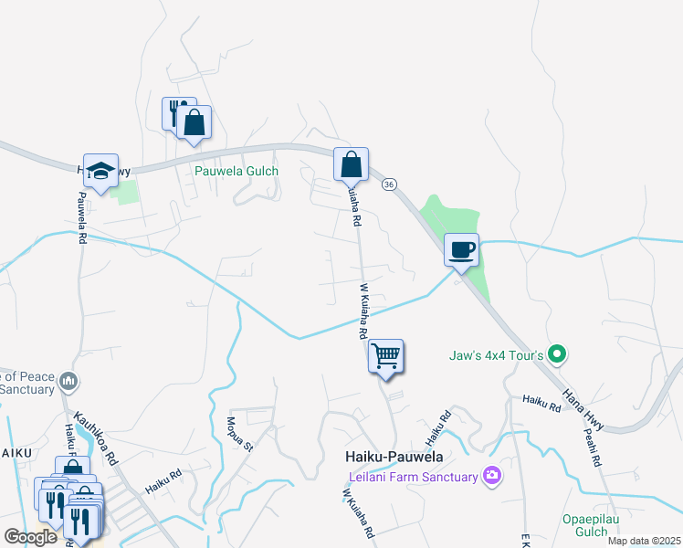 map of restaurants, bars, coffee shops, grocery stores, and more near 3175 Ua Noe Place in Haiku-Pauwela