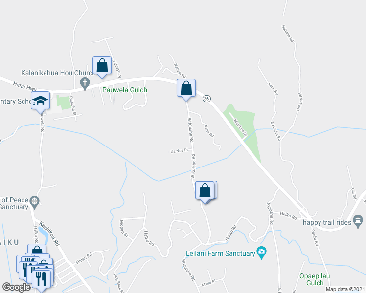 map of restaurants, bars, coffee shops, grocery stores, and more near 3175 Ua Noe Place in Haiku-Pauwela