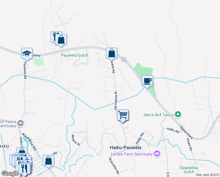 map of restaurants, bars, coffee shops, grocery stores, and more near 3181 Ua Noe Place in Haiku-Pauwela