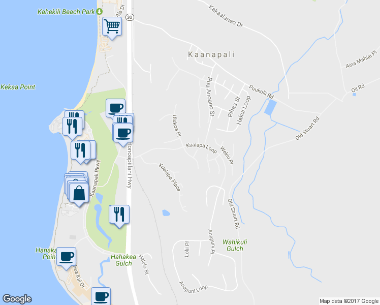 map of restaurants, bars, coffee shops, grocery stores, and more near 261 South Ulukoa Place in Lahaina