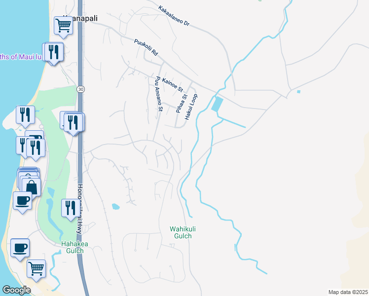 map of restaurants, bars, coffee shops, grocery stores, and more near 195 Welau Way in Lahaina